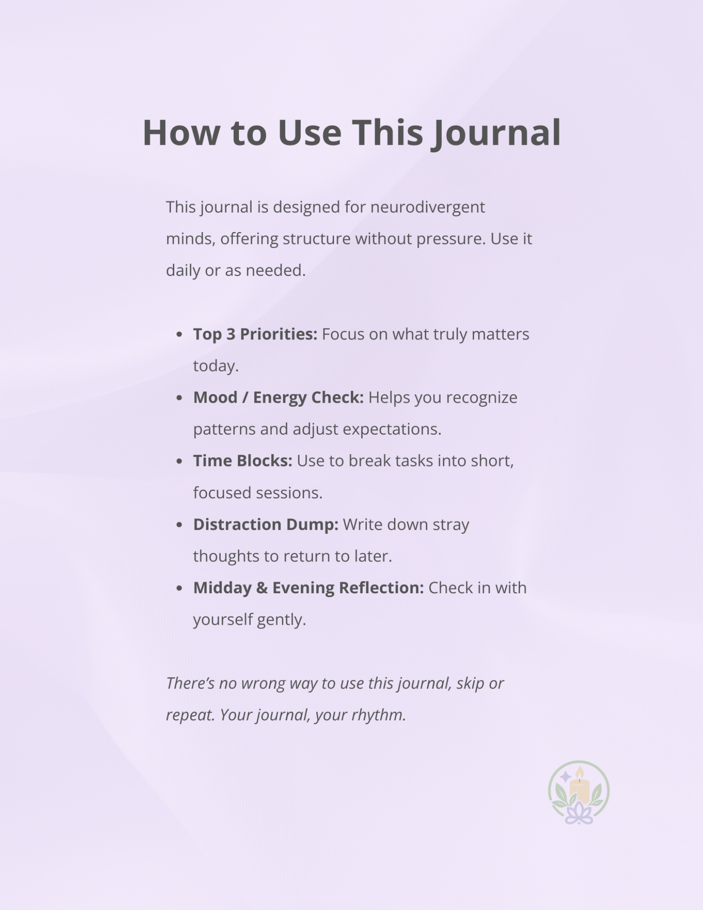 Calm Focus Journal – Soft Lavender | Digital Journal for Focus & Clarity