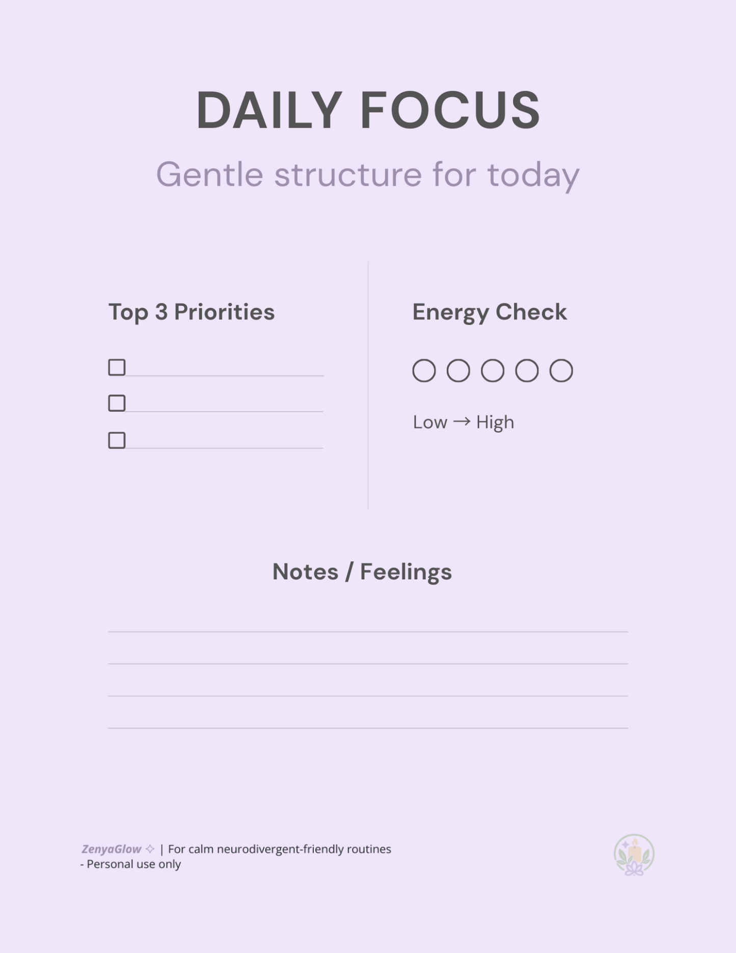Calm Focus Planner – Soft Lavender | Digital Daily Planner for Focus & Balance