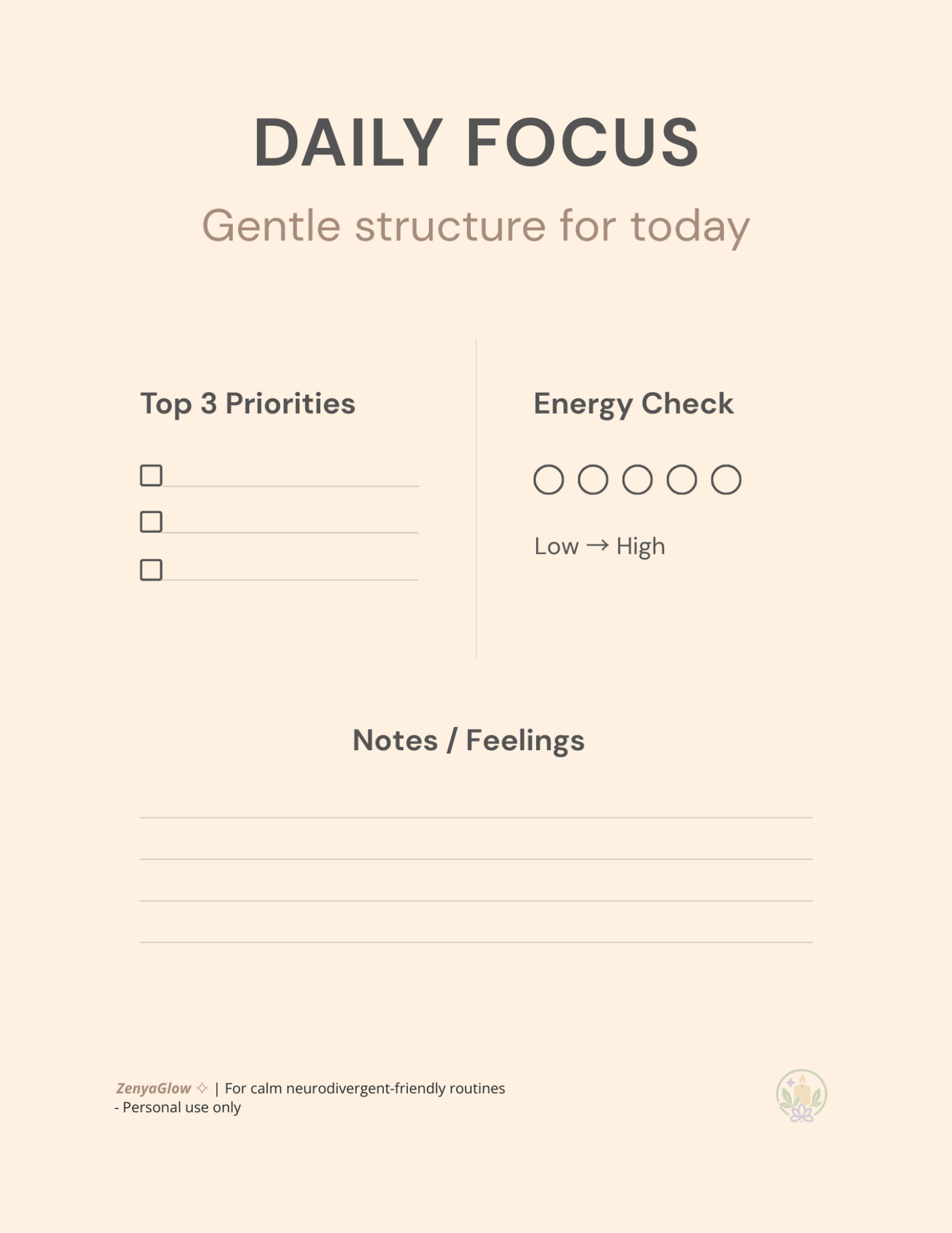 Calm Focus Planner – Warm Peach | Digital Daily Planner for Focus & Balance